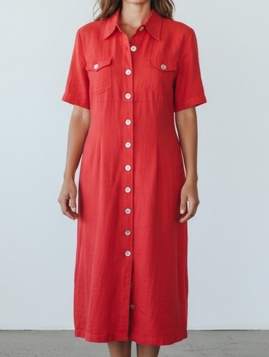 Dresses & Skirts - 100 % Linen Button-Front Midi Shirt Dress in Red M